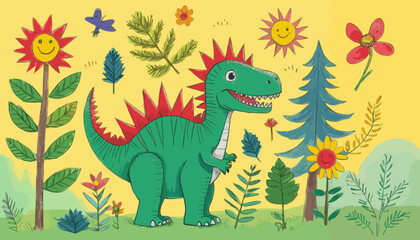 Naklejka premium Colorful Cartoon Dinosaur in a Vibrant Nature Setting with Smiling Sun and Flowers