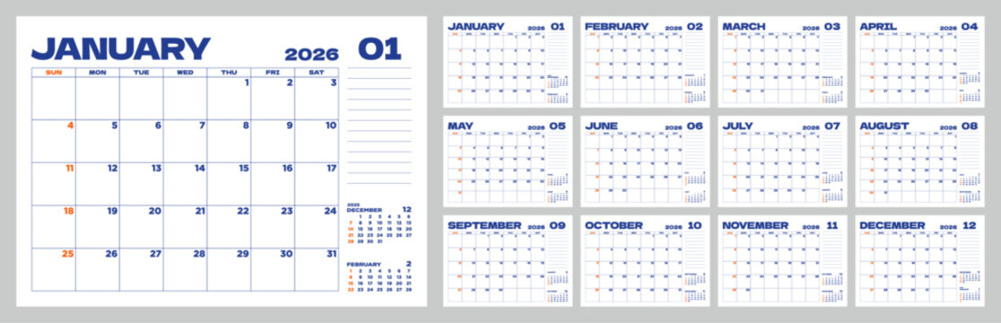 Set of 12 months of monthly calendars for 2026, simple desktop calendar starting on Sunday.
