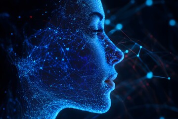 Artificial intelligence shown by digital human profile, circuit board pattern, glowing blue lines, binary code, futuristic technology, neural network