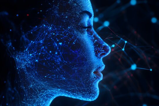 Artificial intelligence shown by digital human profile, circuit board pattern, glowing blue lines, binary code, futuristic technology, neural network