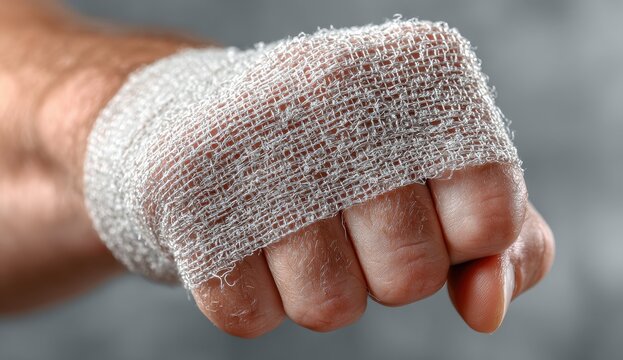 Close-up of a bandaged hand in a fist.