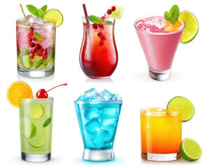 Fototapeta premium Colorful assortment of vibrant mixed cocktails with garnishes on a white background