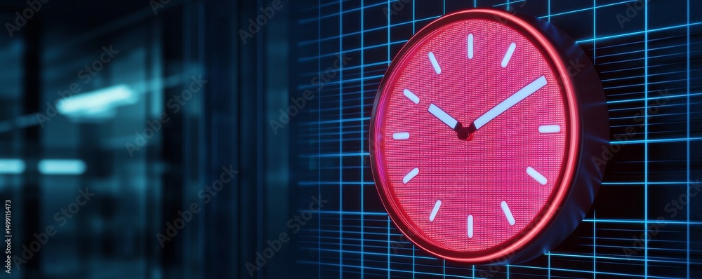 Poster red analog clock with a digital backdrop in a modern setting.