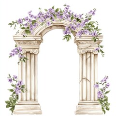Naklejka premium An ancient greek Ornamental arch with purple flowers illustration watercolor architecture.