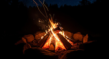 A glowing campfire burning brightly at night, with crackling wood and small sparks, surrounded by stones, dark forest in the background with visible stars in the sky, warm and peaceful atmosphere, nat