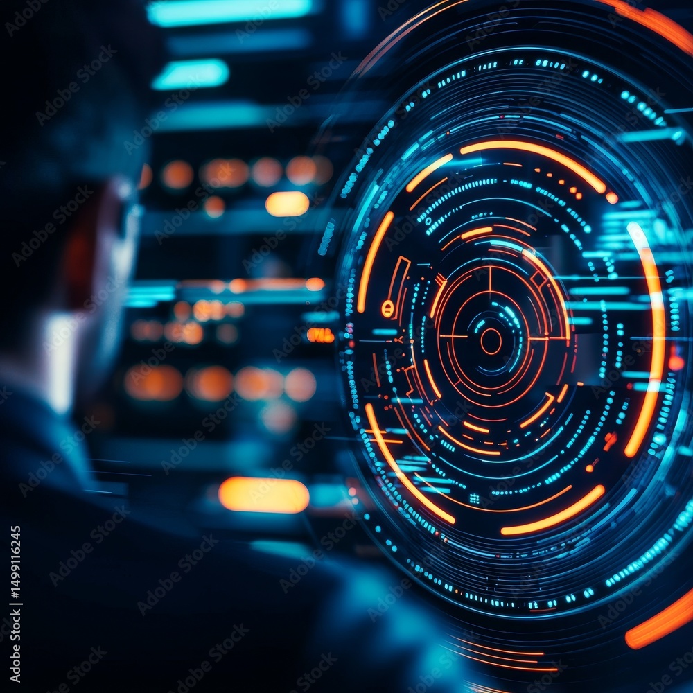 Poster futuristic interface with a person analyzing digital data.