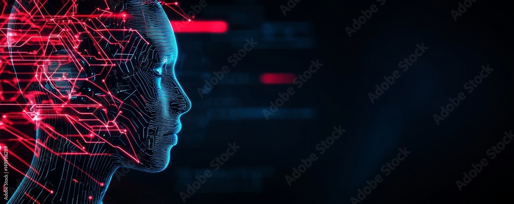 Poster digital profile with circuitry design on a dark background.