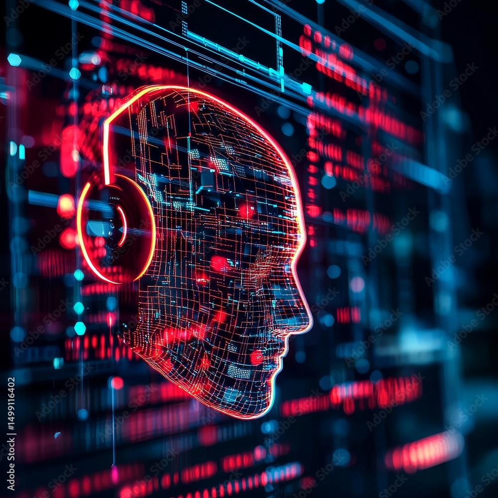 Poster digital head silhouette with circuit patterns and vibrant data streams.