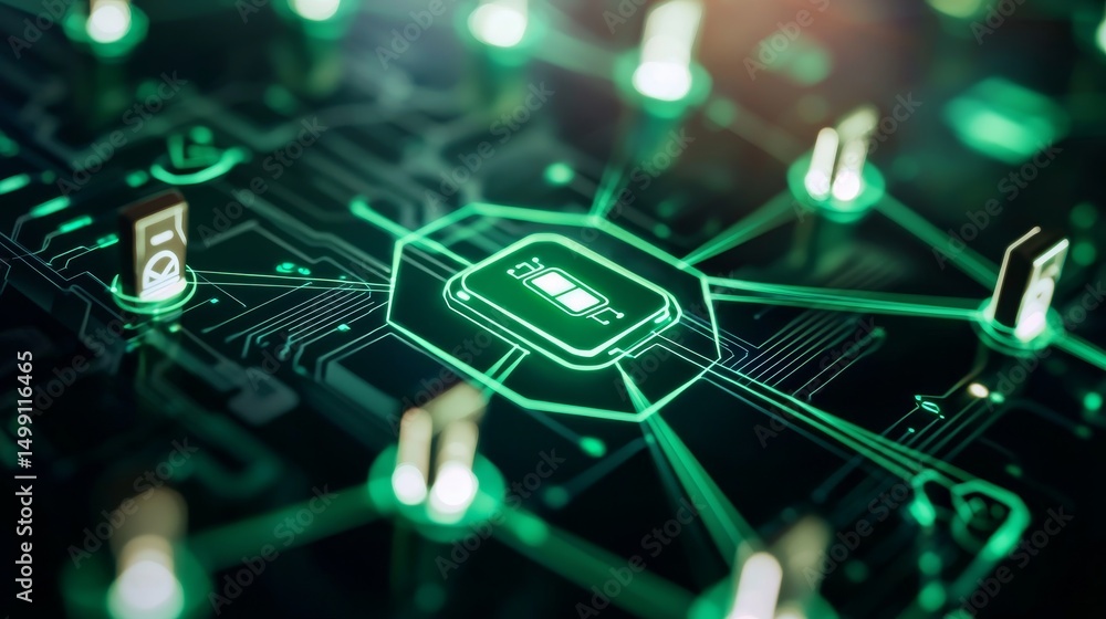 Poster digital circuit board with glowing connections and a central processor.