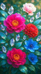 Blooming flowers intertwined with crystal leaves