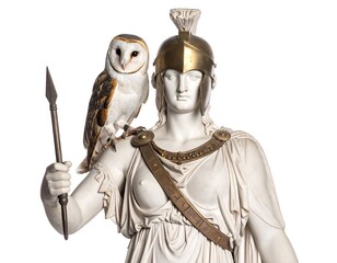 A white marble statue of a figure in classical attire with a golden helmet holding a spear with a barn owl perched on its shoulder against a white backdrop