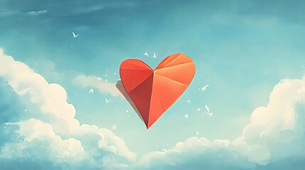 Fototapeta premium A whimsical illustration of a heart-shaped paper plane flying through the sky