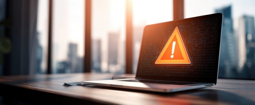 The laptop displaying a warning alert in a modern office environment. - Powered by Adobe