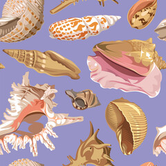Seamless pattern with colorful realistic seashells isolated on a blue background.
