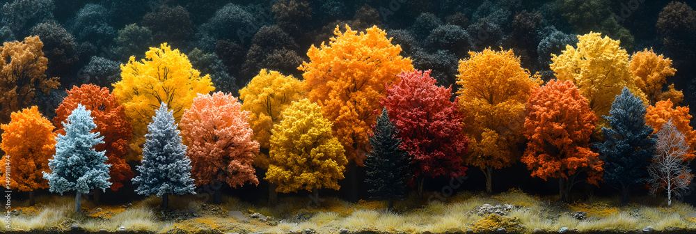 Poster side view of layered trees showing gradual fall color change