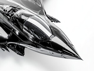 Sleek, chrome-like fighter jet nose, highly polished, reflecting light, detailed cockpit canopy visible against a stark white background