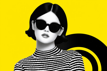 Retro illustration of woman with striped shirt and yellow background