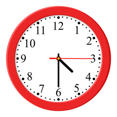 Red Clock icon design on a light background, flat style. Time icon. 16:30 o'clock. Circle badge, symbol, clock sign for website design. 