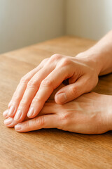 A close-up of two relaxed, gently folded hands resting on a light wooden table, capturing a moment of stillness, care, mindfulness. Ideal for health, skincare, calm living, wellness-focused content