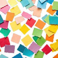 Colorful torn paper squares are scattered on a white background. The paper pieces create a vibrant and textured artistic arrangement