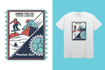 High-Speed Snowboarding in Snow-Covered Forest – Action Sports Design, Stylish Winter Athlete Snowboarding – Retro Vector Graphic for Apparel.