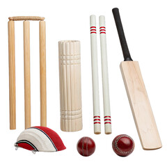 This shows various pieces of cricket equipment including a bat ball wickets with bails and pads. Everything is neatly arranged on a blank white background