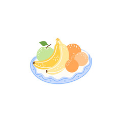 Vector illustration of tropical fruits on a plate, featuring banana, orange, and mandarin. Perfect for healthy eating designs, summer snacks, and food clip art