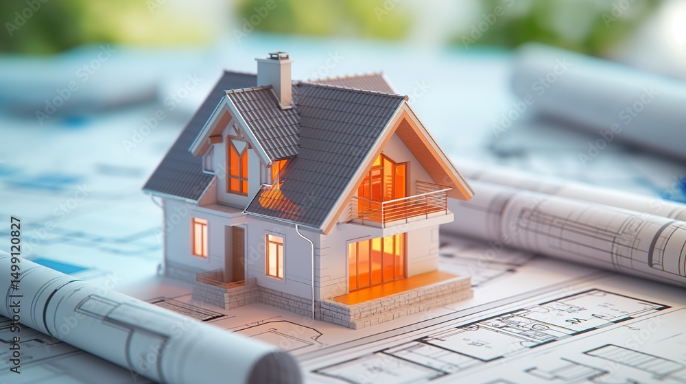 Aufkleber 3d rendering project of new building model house on blueprint plan
