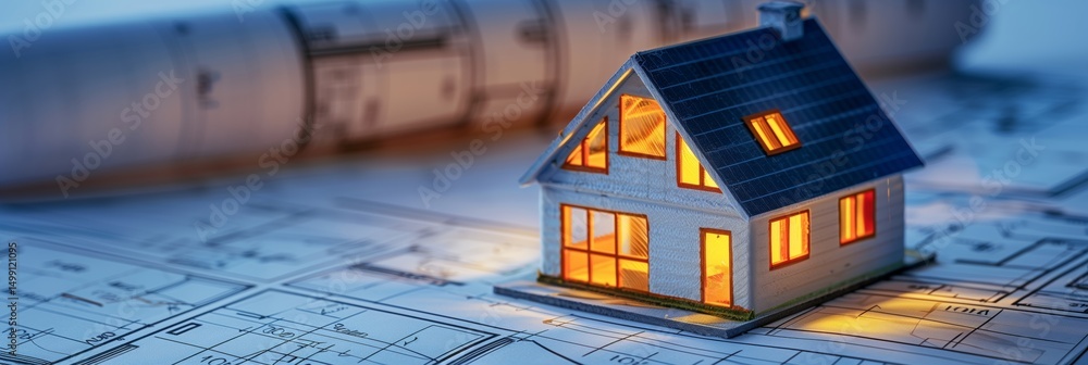 Poster 3d rendering project of new building model house on blueprint plan
