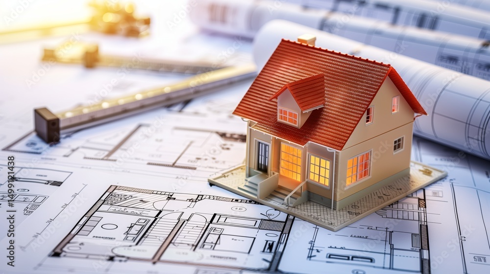 Aufkleber 3d rendering project of new building model house on blueprint plan
