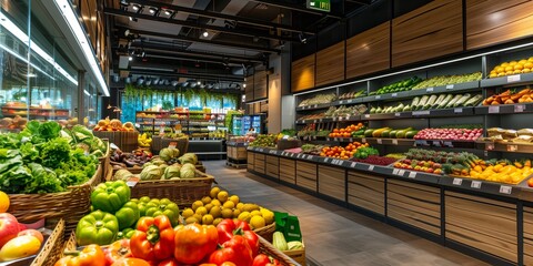 A supermarket with lots of fresh and healthy fruits and vegetables on shelves