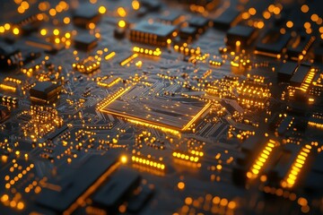 Obraz premium Close-up view of an intricate computer processor circuit board featuring electronic components and illuminated connections highlighting modern technology