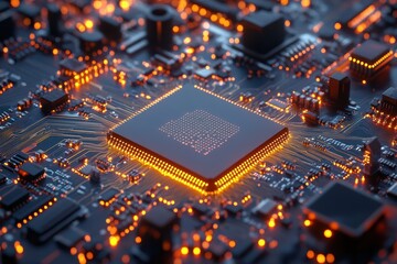 Exploration of a detailed computer processor circuit board microchip design showcasing intricate connections and vibrant lighting elements
