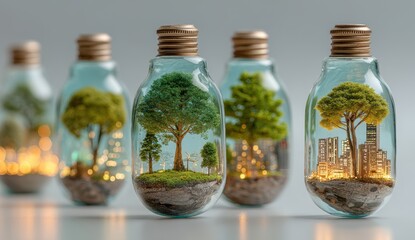 Miniature worlds in light bulbs showcasing nature and cityscapes.