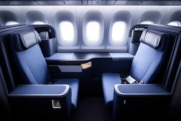 Luxurious airplane cabin interior with two plush, blue, reclining seats, individual tables, and large windows offering ample space and comfort