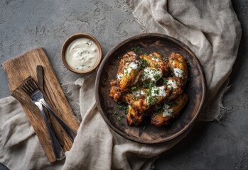 Crispy chicken wings with creamy sauce and herbs.