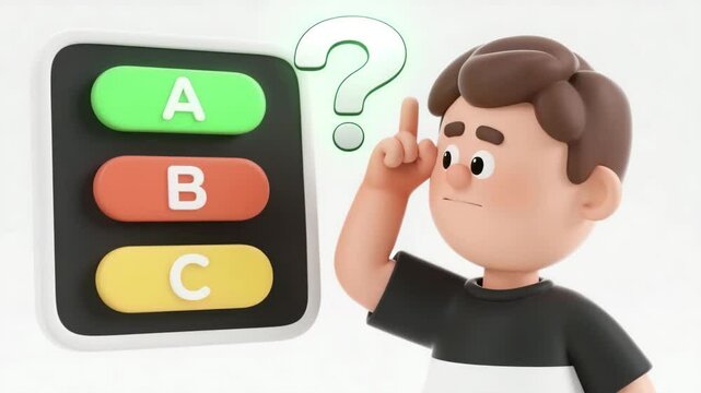 Confused 3D cartoon boy scratching head in front of floating ABC quiz panel with colorful buttons A B C A glowing green question mark appears above his head Education decision learning animation