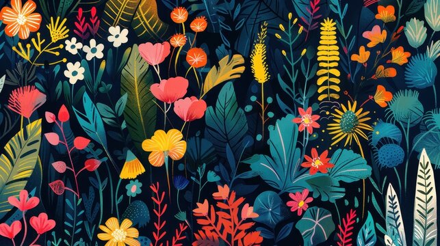seamless floral pattern, different types of flowers with leaves on dark backgorund
