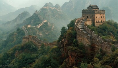 Majestic view of the Great Wall winding through lush mountains.