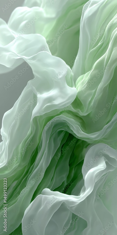 Poster abstract background in soft pale green tones flowing delicate material with fluid waves and swirls