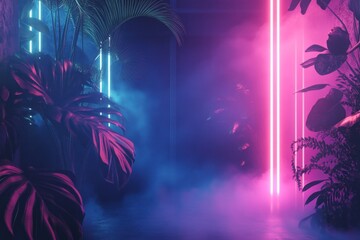 Fototapeta premium Neon Dreamscape: Tropical Plants Illuminated by Vibrant Pink and Blue Lights