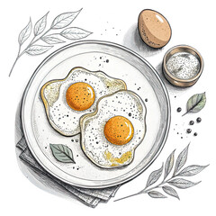 Two fried eggs sit on a plate next to salt pepper and a whole egg. This illustration uses minimalist line art and simple art scale techniques