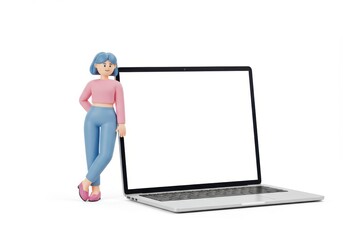 Fototapeta na wymiar 3D Illustration of Cartoon woman leaning on laptop with blank screen isolated on white background