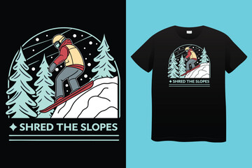 Snowboard Racer in Action – Mountain Adventure Vector Art for T-Shirt. Winter Sports Snowboarder with Mountains – Cool Vector Graphic.