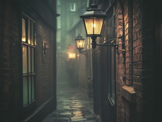 narrow, misty alleyway with old brick buildings and a glowing lantern, creating an eerie and mysterious atmosphere. soft lighting and foggy setting evoke a sense of intrigue and suspense.