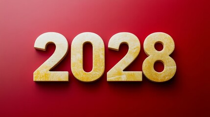 Elevated Golden Numbers 2028 Against Vibrant Red, Textured Background For New Year Designs