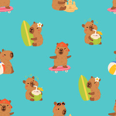 Fototapeta premium Seamless pattern with cute summer capybaras in various poses and items. Hand drawn cartoon flat style. Vacation seasonal template for design, kids collection