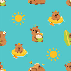 Seamless pattern with cute summer capybaras in various poses and items. Hand drawn cartoon flat style. Vacation seasonal template for design, kids collection