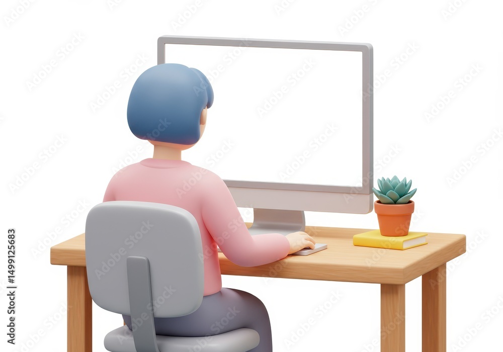 Poster 3d illustration of person working at computer with blank screen isolated on white background