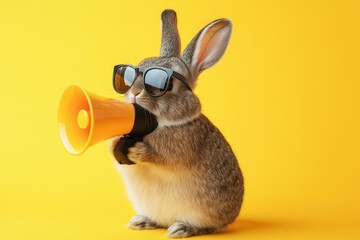 Cool bunny wearing sunglasses holds a megaphone against a bright yellow background for a fun and lively atmosphere perfect for entertainment or promotion